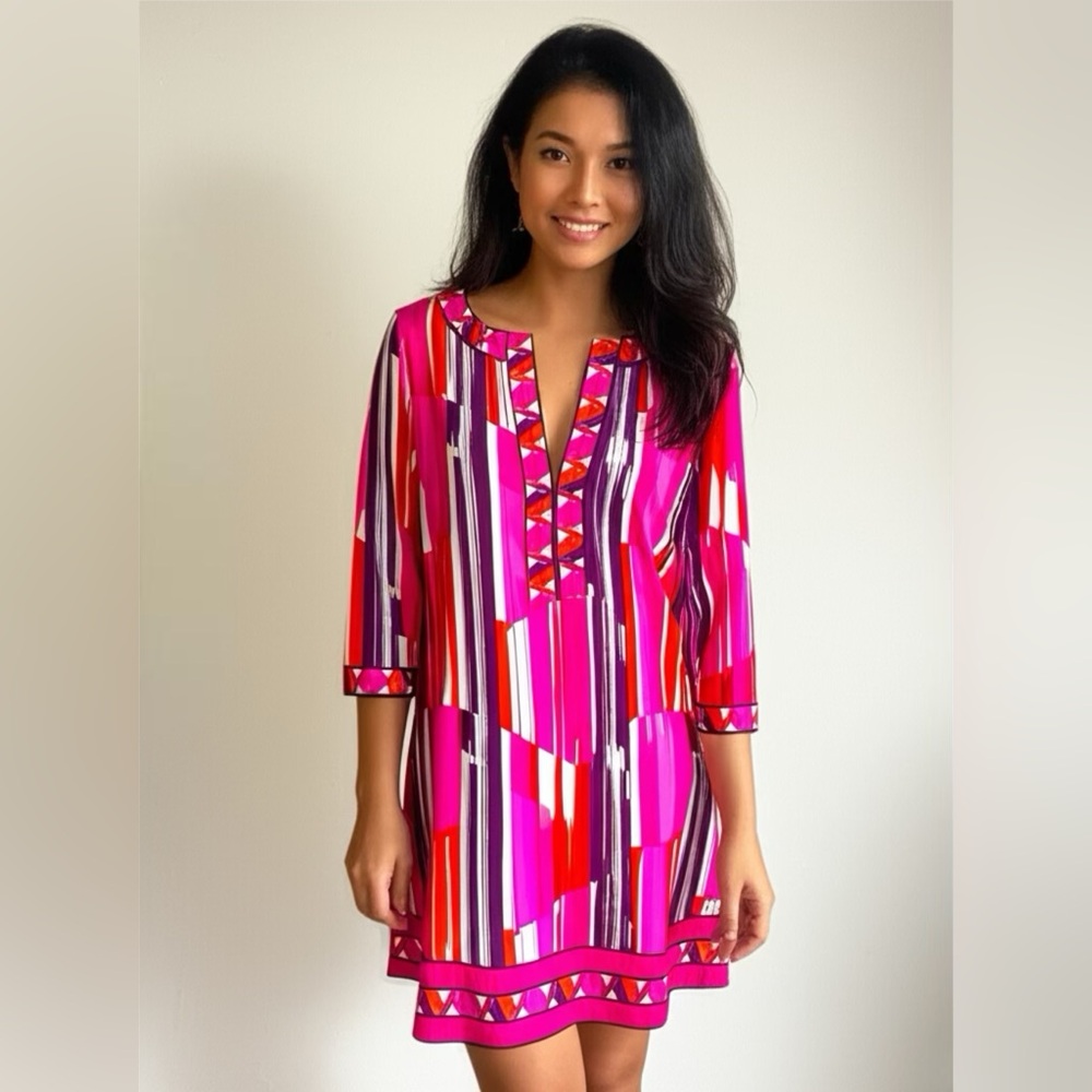 BCBG Max Azria Pink and Red Jersey Graphic Mini Dress S